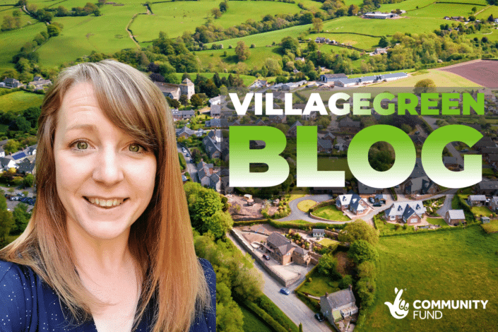 A smiling woman is in the foreground with an aerial view of a greener North Yorkshire village behind her. Large text reads VILLAGE GREEN BLOG. The Community Fund logo is in the bottom right corner.