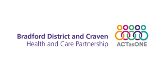 Logo for Bradford District and Craven Health and Care Partnership, featuring stylised interconnected figures in orange, pink, and green, with the slogan ACT as ONE to the right.