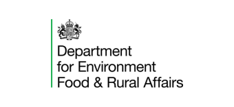 The logo for the Department for Environment, Food & Rural Affairs (DEFRA) features a black crown and lion emblem above the department's name, written in black text on a white background.