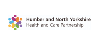 Logo for Humber and North Yorkshire Health and Care Partnership, featuring six colourful abstract human figures forming a circular shape to the left of the organisation’s name in bold and regular text.