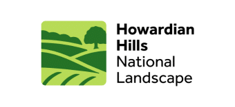 Logo for Howardian Hills National Landscape, featuring a stylised green landscape with fields and hills on the left, and the text Howardian Hills National Landscape on the right.