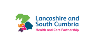 Logo of Lancashire and South Cumbria Health and Care Partnership, featuring colourful abstract shapes and the organisation’s name in blue and pink text on a white background.