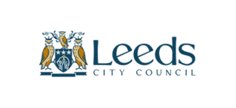 Leeds City Council logo featuring a crest with three owls, stars, and a ram’s head, alongside the text Leeds City Council in blue on a white background.