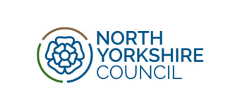 The logo of North Yorkshire Council features a white rose inside a partial circular design in brown and green, with NORTH YORKSHIRE COUNCIL written in blue capital letters to the right.