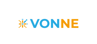 VONNE logo with VON in blue and NE in orange. To the left, a circular symbol with blue and orange lines and dots, and the letters N and E, resembling a compass or network design.