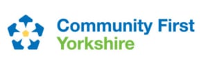 The Community First Yorkshire logo, representing North Yorkshire, features blue and green text with a blue geometric symbol of arrows pointing outward around a yellow hexagon.