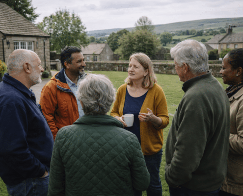 A group of six adults stands outside on grass, engaged in conversation. One woman holds a mug and gestures whilst speaking. Stone buildings and a rural landscape appear in the background.