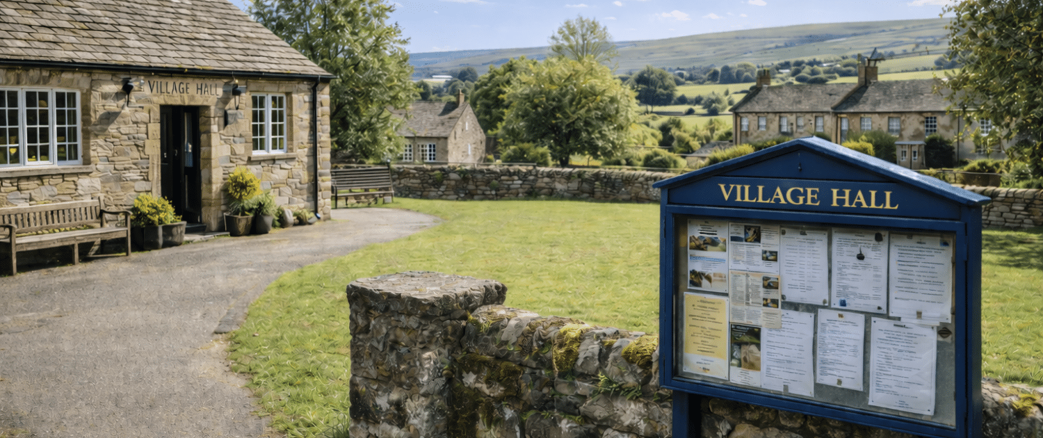 A stone village hall with a shingled roof stands beside a grassy area and a noticeboard displaying community news. Traditional stone cottages and rolling hills are visible in the background under a blue sky.