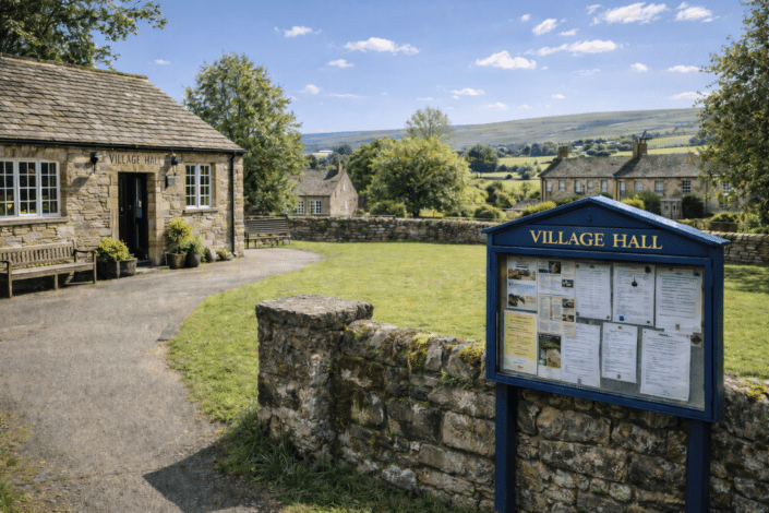 A stone village hall with a shingled roof stands beside a grassy area and a noticeboard displaying community news. Traditional stone cottages and rolling hills are visible in the background under a blue sky.