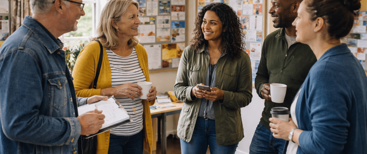 A group of five adults stand in a bright room, talking and smiling while holding coffee cups. Brochures and leaflets are spread out on a table in front of them, and noticeboards cover the walls in the background.