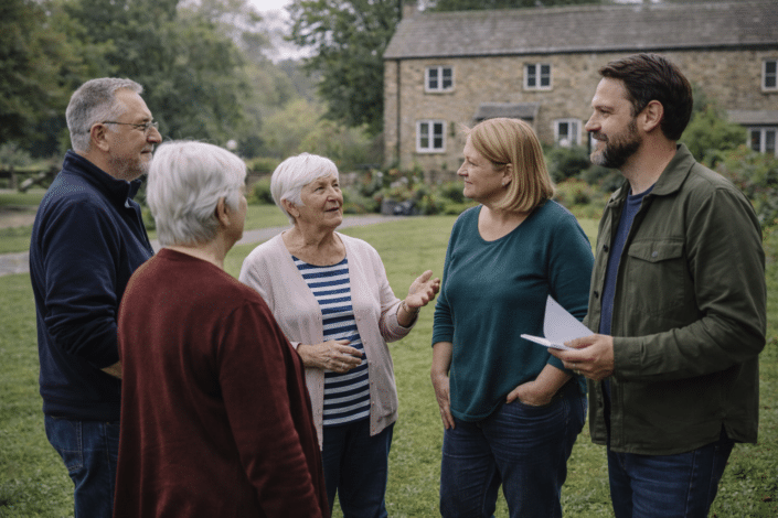 Five adults stand in a garden, talking in a relaxed group. Two women and three men, some with grey hair, are dressed casually. A stone house and trees are visible in the background on a cloudy day.