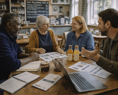 Four people sit around a table in a cosy café, discussing papers and charts. Laptops, notebooks, and juice bottles are on the table. They appear engaged in a friendly conversation or meeting.