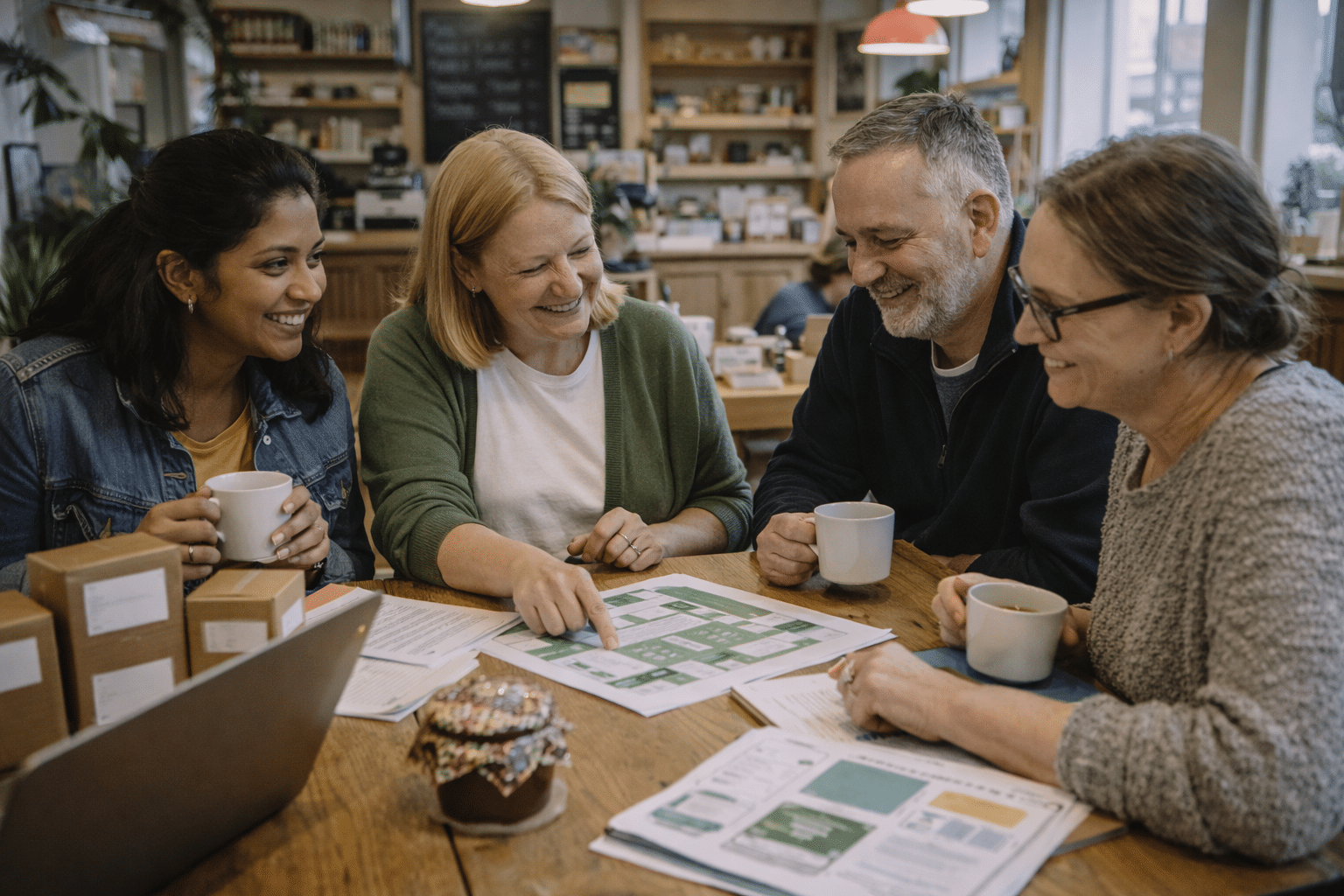 Four people sit around a table in a cosy café, smiling and discussing documents and a board game. They each hold mugs, and papers and a laptop are spread out in front of them, suggesting a collaborative meeting.