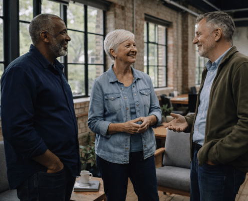 Three older adults, two men and one woman, stand indoors by large windows, smiling and talking. The setting is a modern, casual office with natural light, brick walls, and comfortable seating.