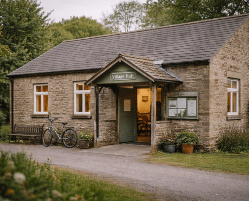 A quaint stone village hall with a green roof sign, warm glowing windows, and an open door. A bicycle leans on the wall, and potted plants sit by the entrance, surrounded by greenery and trees.