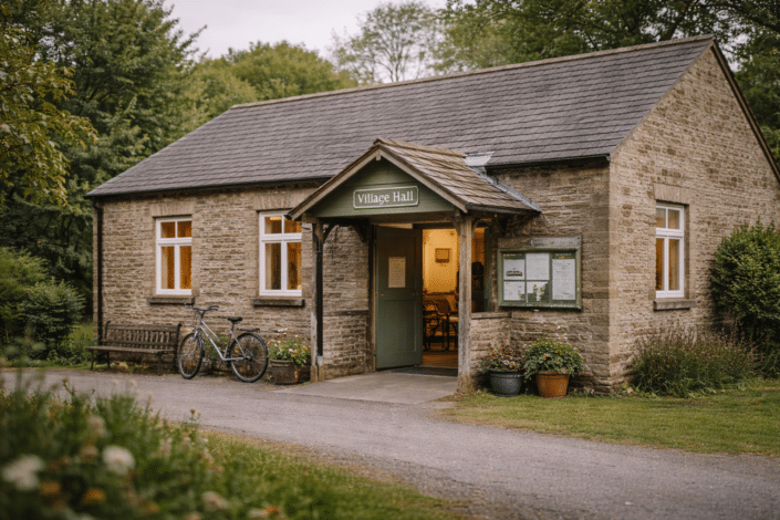 A quaint stone village hall with a green roof sign, warm glowing windows, and an open door. A bicycle leans on the wall, and potted plants sit by the entrance, surrounded by greenery and trees.