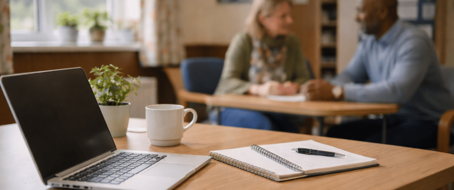 A laptop, notebook, pen, and coffee mug sit on a wooden desk. In the background, two people are seated and talking, slightly out of focus, in an office or meeting room with large windows and noticeboards.