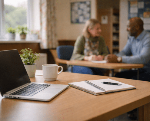 A laptop, notebook, pen, and coffee mug sit on a wooden desk. In the background, two people are seated and talking, slightly out of focus, in an office or meeting room with large windows and noticeboards.