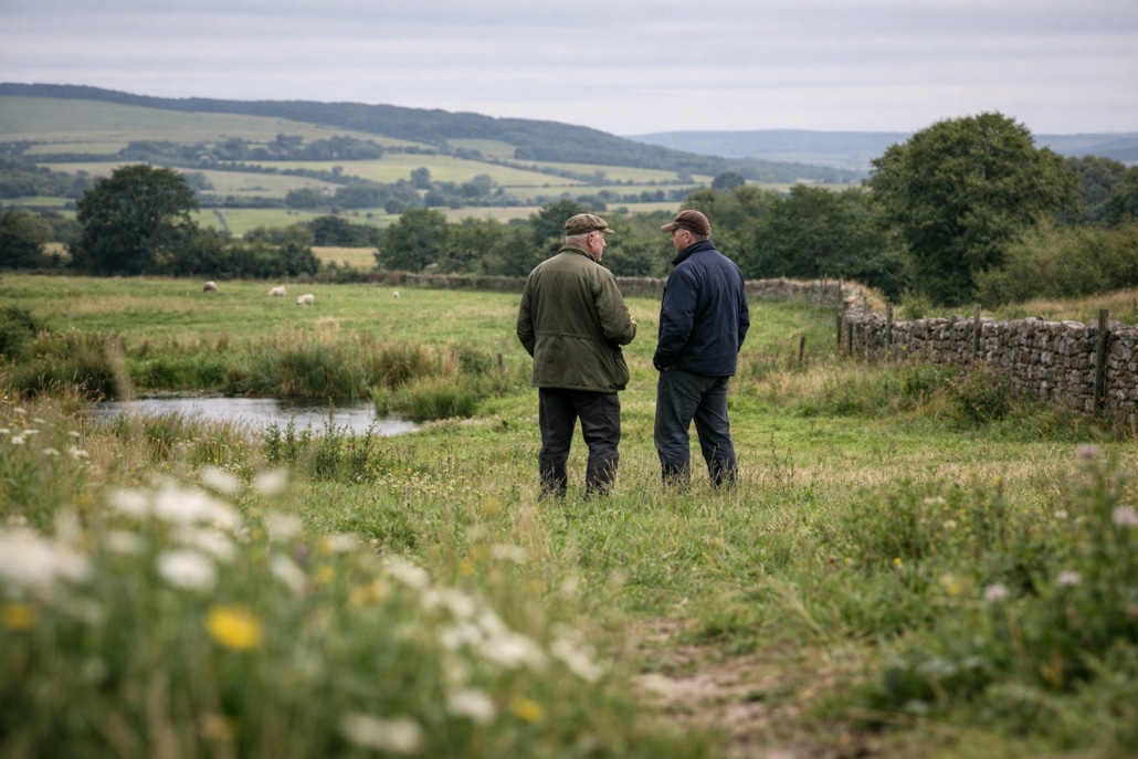 Two men stand and talk in a grassy field near a small pond, discussing Tye Trophy Nominations for 2026 amid rolling green hills, scattered trees, and a stone wall in the background under a cloudy sky.