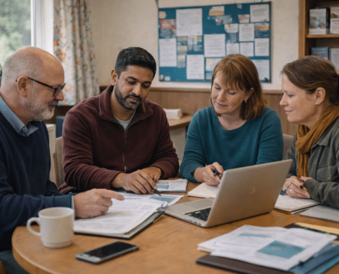 Four people sit around a table with a laptop, papers, notebooks, and a mug, having a discussion. They appear focused and engaged, collaborating in a cosy, well-lit meeting room with noticeboards in the background.