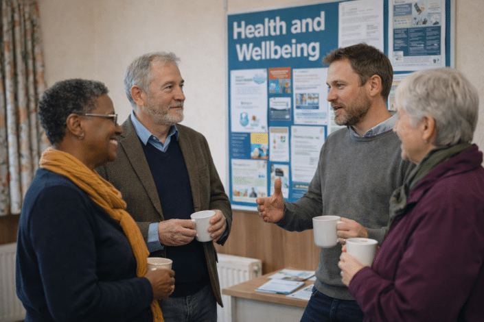 Four adults stand in a community room, smiling and talking whilst holding mugs. Behind them is a noticeboard with Health and Wellbeing and various informational leaflets.
