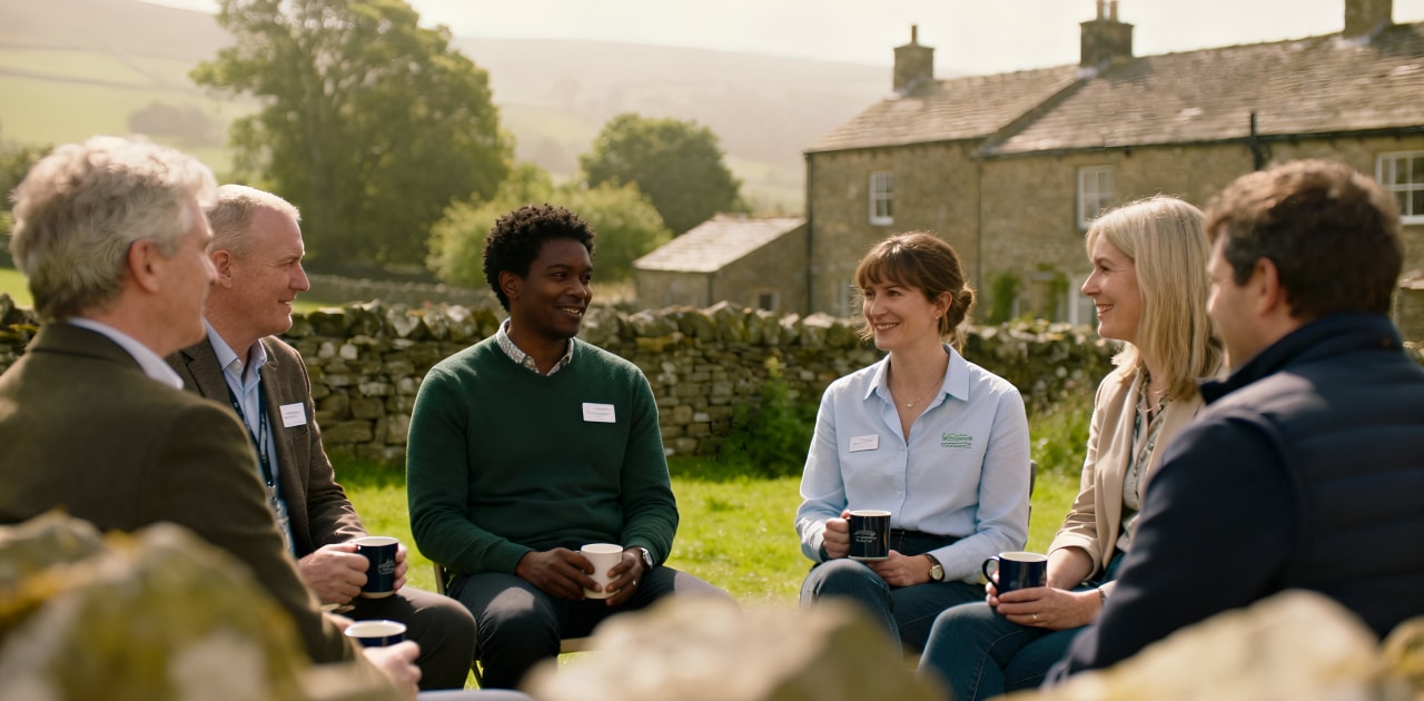 Seven adults sit in a circle outdoors, smiling and holding mugs, with stone buildings and green countryside in the background. They appear to be having a friendly conversation, each wearing name badges.