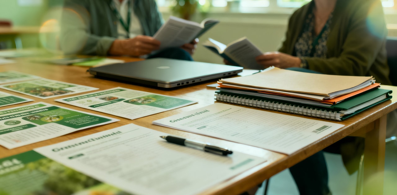 Two people sit at a table covered with papers, brochures, notebooks, and a laptop, engaged in conversation and reading documents. The scene appears to be a meeting or collaborative work session.