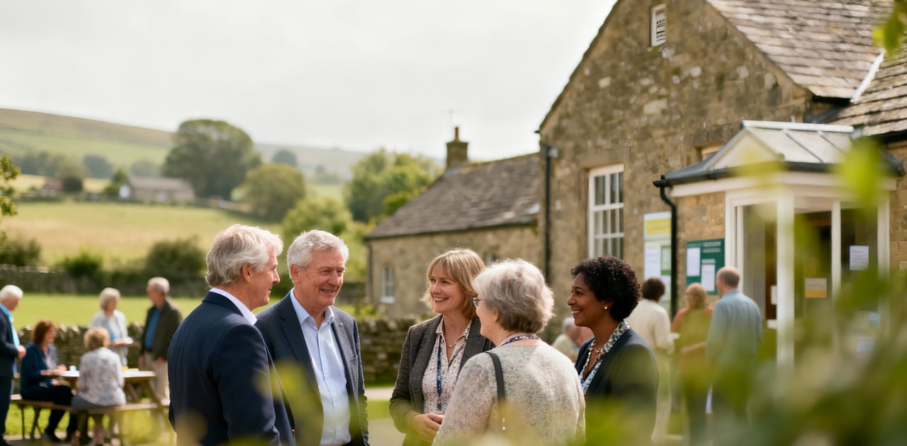 A group of older adults stand outside a stone building in a rural setting, chatting and smiling. More people sit at tables in the background, and green hills are visible beyond the building.