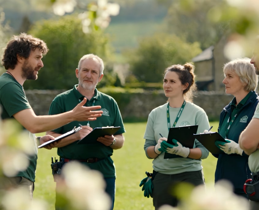 A man gestures while speaking to four people holding clipboards in an outdoor garden area. All wear green uniforms and appear to be having a discussion or training session. Flowering branches are visible in the foreground.