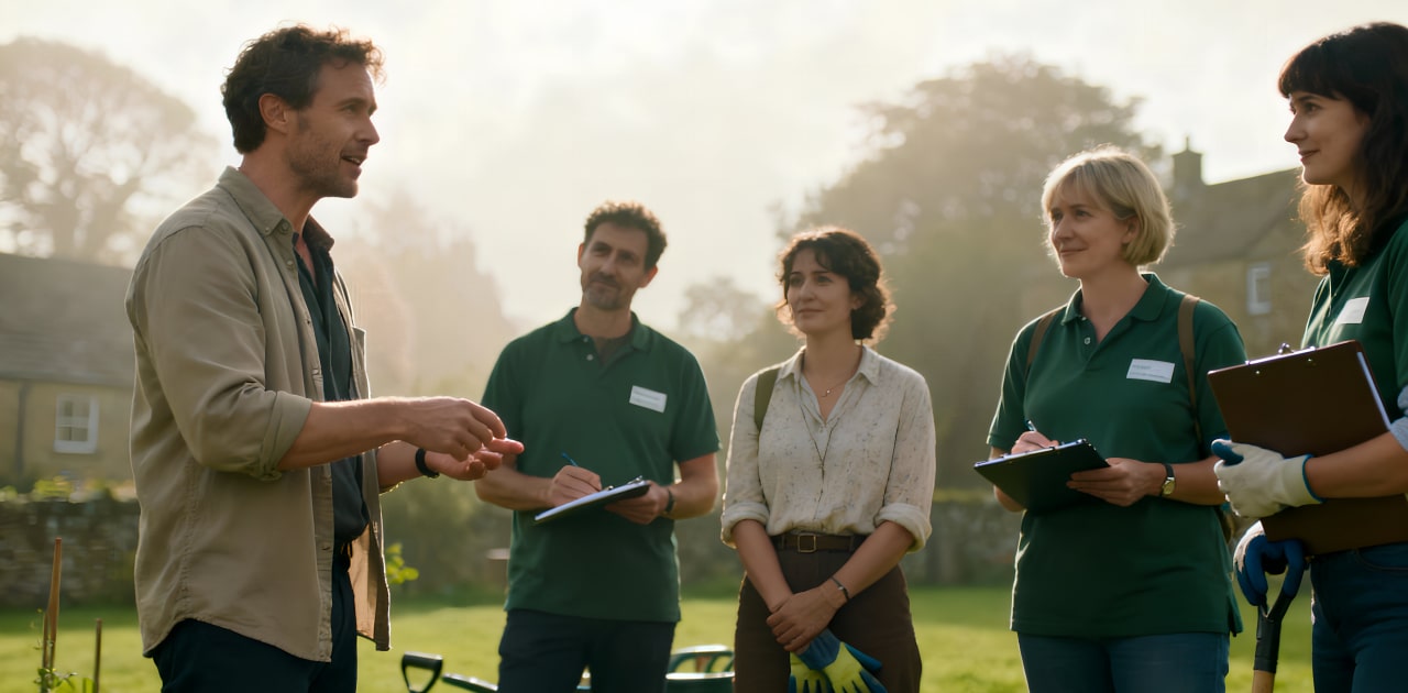 A man speaks to four adults, three in green uniforms with notepads and gloves, and one in casual clothing, outdoors in a garden with trees and buildings in the background.