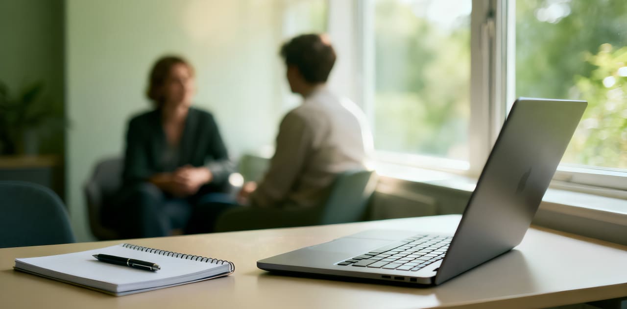 A notebook and pen rest on a desk beside an open laptop. In the background, two people sit and talk by a window, with sunlight streaming in and greenery visible outside.