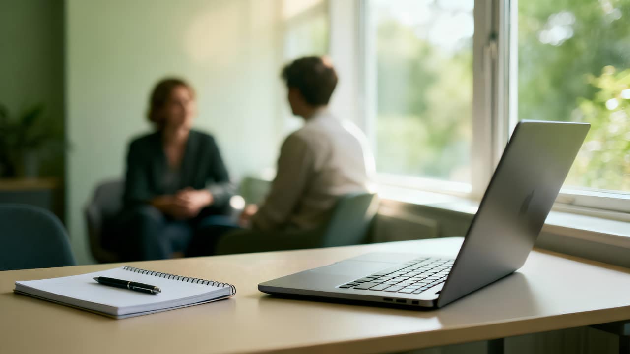 A notebook and pen rest on a desk beside an open laptop. In the background, two people sit and talk by a window, with sunlight streaming in and greenery visible outside.