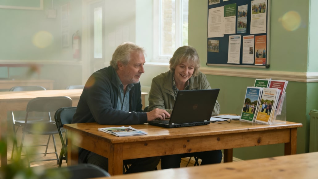 An older man and woman sit together at a wooden table, smiling while looking at a laptop. Informational leaflets and papers are on the table, with noticeboards and empty chairs in the background.