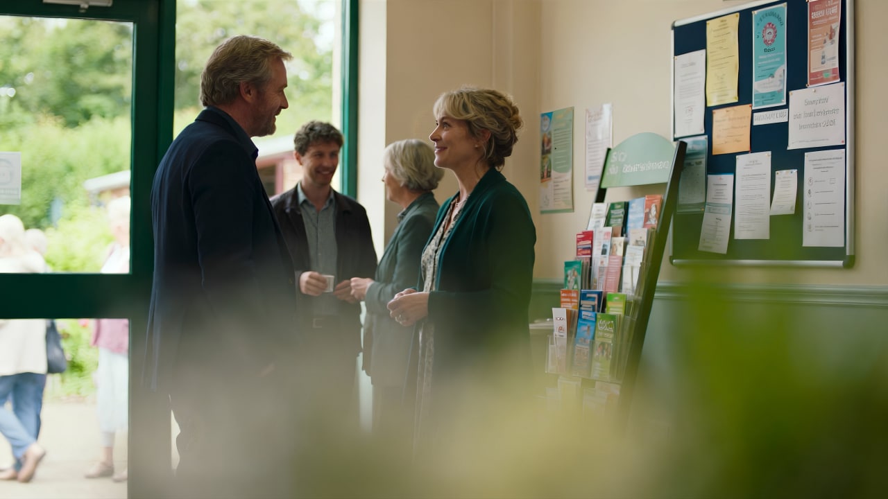 Two people stand and talk near a wall display of brochures and notices in a well-lit room, whilst two others converse in the background. The scene appears friendly and informal.