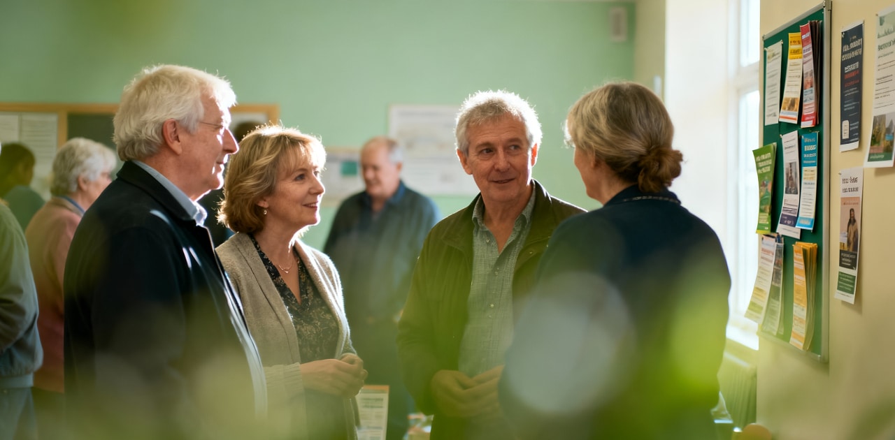 Four older adults stand together indoors, engaged in conversation near a noticeboard covered with colourful flyers and notices. The room is softly lit and other people are visible in the background.