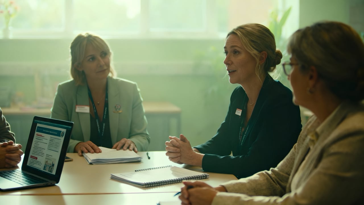 Four professionals sit around a table in a well-lit office, discussing documents and a laptop with a webpage open. Two women are engaged in conversation whilst others listen attentively. Notebooks and paperwork are on the table.