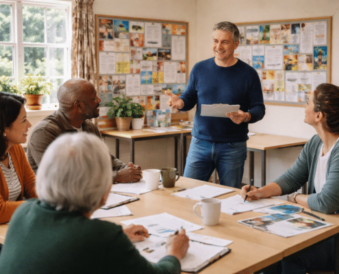 A man stands and speaks to four adults seated around a table in a bright room, holding a clipboard. The group smiles and listens, with papers and coffee mugs on the table. Noticeboards are visible in the background.