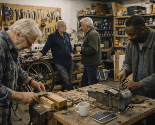 Four men are in a workshop filled with tools. Two are working with wood at a bench, while two others stand and talk in the background. The workspace is cluttered with tools, wood, a mug, and a notebook.