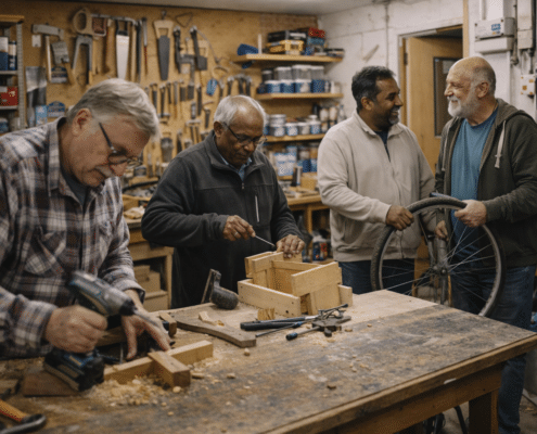 Four men work together in a workshop. Two are building wooden boxes at a workbench, while the other two stand nearby, one holding a bicycle wheel. Various tools and equipment are visible on the walls and shelves.