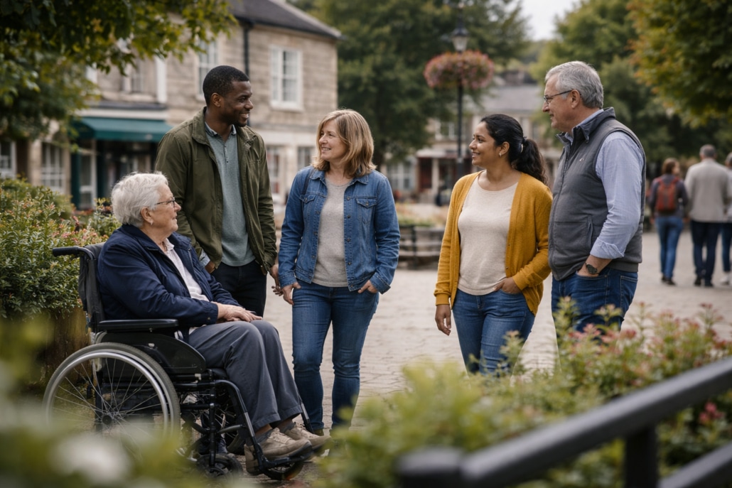 A group of five adults, including one person in a wheelchair, stand outdoors on a pedestrian path during Hate Crime Awareness week, smiling and talking together on a pleasant day with greenery and buildings in the background.