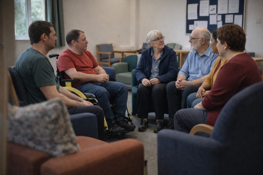 A group of six adults, including a man in a wheelchair, sit in a circle in a bright room, engaged in conversation. The setting appears to be an Adult Social Care support group or community meeting.