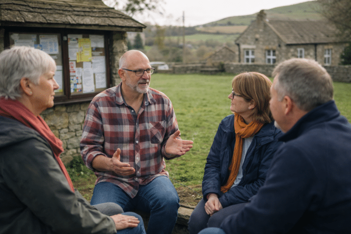 Four adults sit outdoors in a village setting, engaged in conversation. One man gestures whilst speaking; the others listen attentively. A stone building and noticeboard are visible in the background.