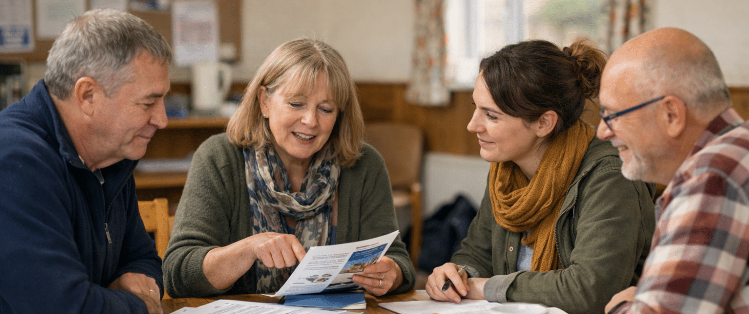 Four adults sit around a wooden table, smiling and discussing documents and pamphlets. One woman points at a paper, while the others listen attentively. A mug and notebooks are also on the table.