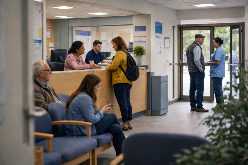 A hospital waiting area with new patients sitting and using mobiles, a woman discussing GP booking rules with the receptionist at the front desk, and a nurse speaking with an older man near the entrance.