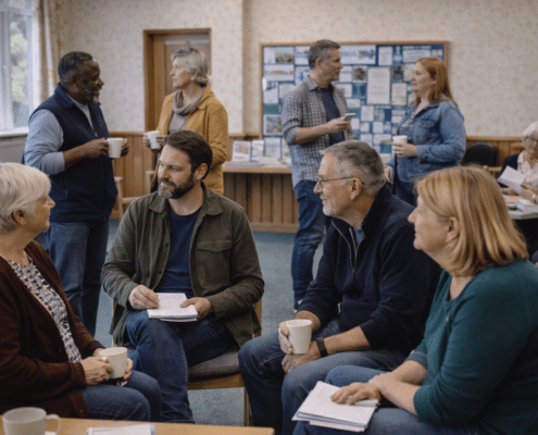 A group of adults, sitting and standing in a community room, engage in conversation while holding notebooks and coffee cups. Noticeboards and papers are visible in the background.