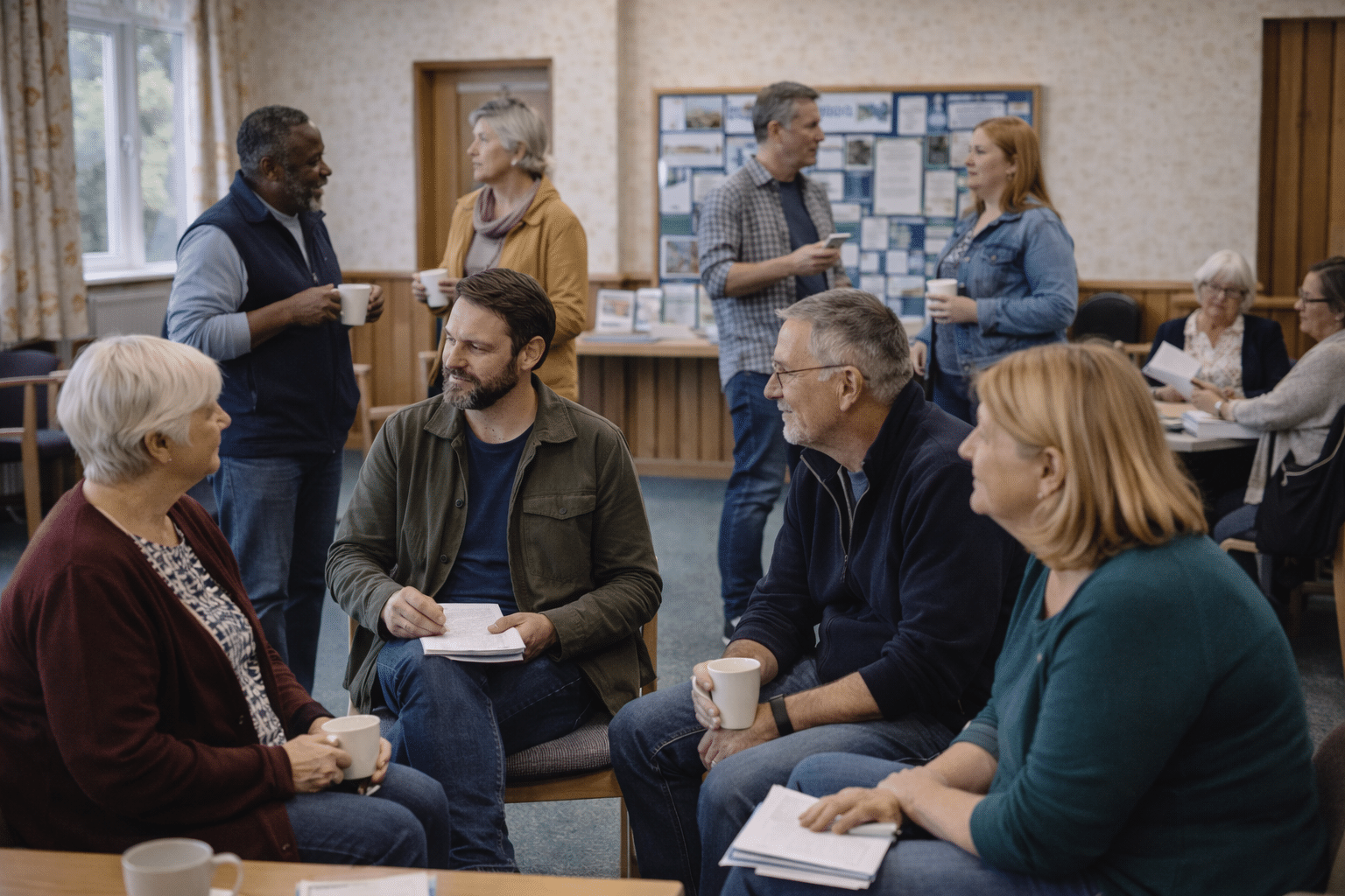 A group of adults, sitting and standing in a community room, engage in conversation while holding notebooks and coffee cups. Noticeboards and papers are visible in the background.
