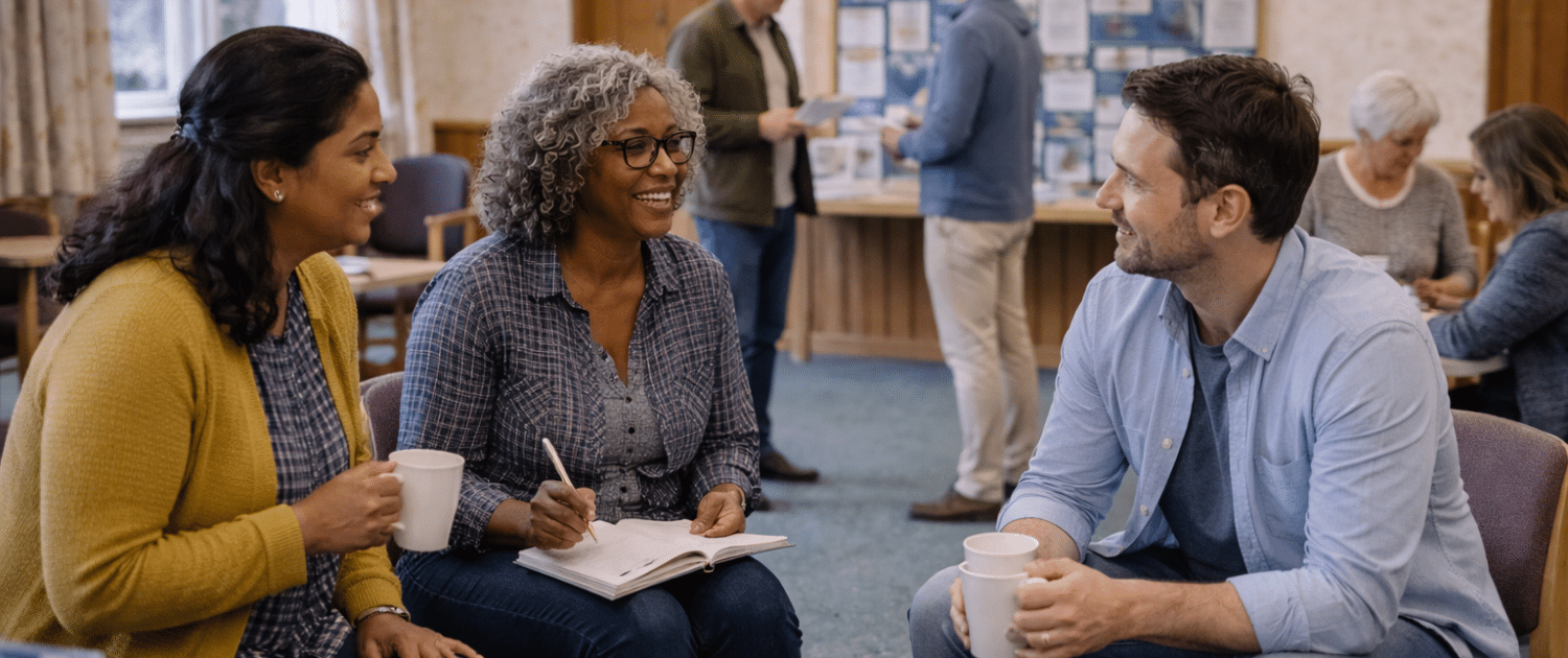 Three people sit together, smiling and talking whilst holding mugs in a community centre. Other groups of people are conversing in the background. The setting is casual and friendly.