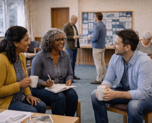 Three people sit together, smiling and talking whilst holding mugs in a community centre. Other groups of people are conversing in the background. The setting is casual and friendly.