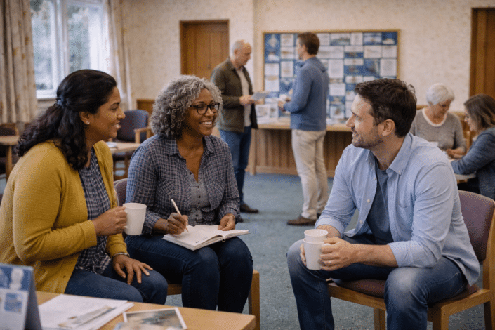 Three people sit together, smiling and talking whilst holding mugs in a community centre. Other groups of people are conversing in the background. The setting is casual and friendly.