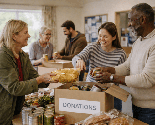 A group of people pack food items into boxes labelled Donations at a community centre, working together and smiling. Tinned goods and other foods are on the table.